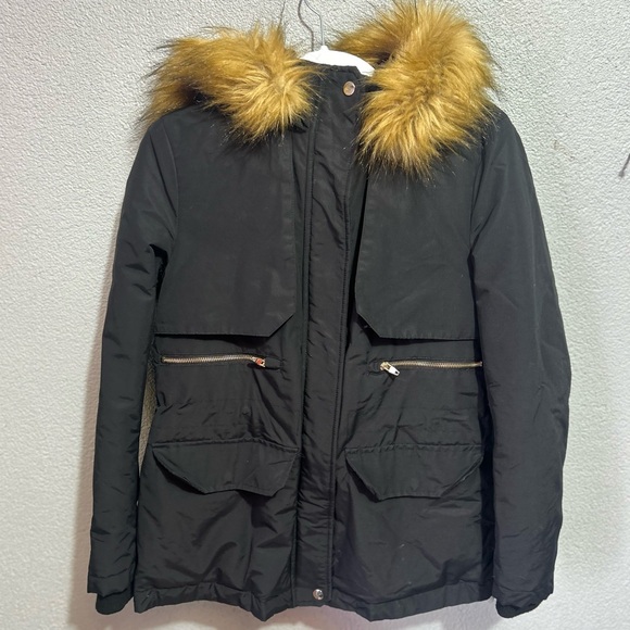 Zara black parka with faux fur trim size medium - Picture 2 of 8